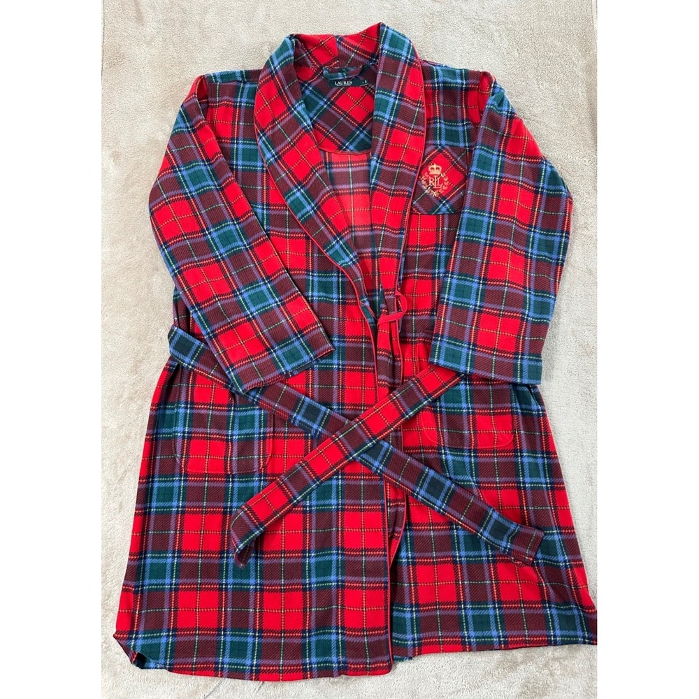 Lauren Ralph Lauren Men Size L Red Plaid Fleece Robe Royal Stewart RLL Crest EUC